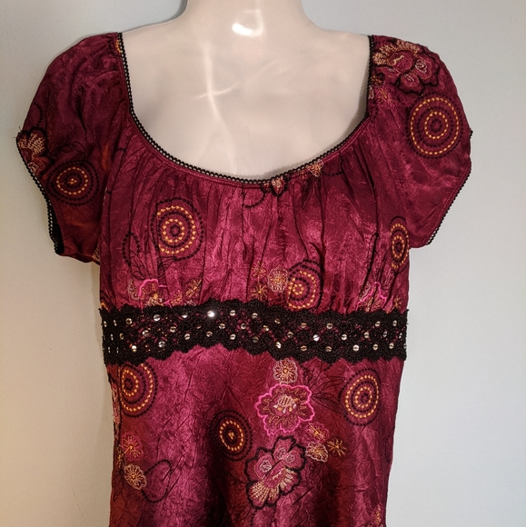 Moda International Tops - Burgundy wine embroidered Blouse with cap sleeves